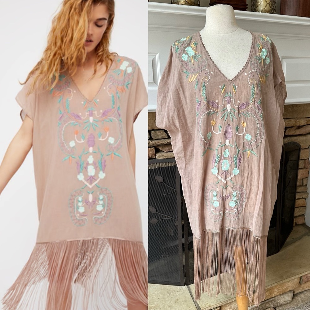 Free People Dance in Flowers, Embroidery, Tassel Batwing Dress cover up OS